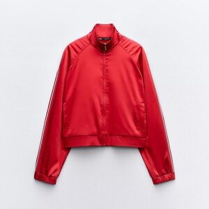 Zara Satin Effect Red Zip-Up Jacket with White Trim - Never worn with tags